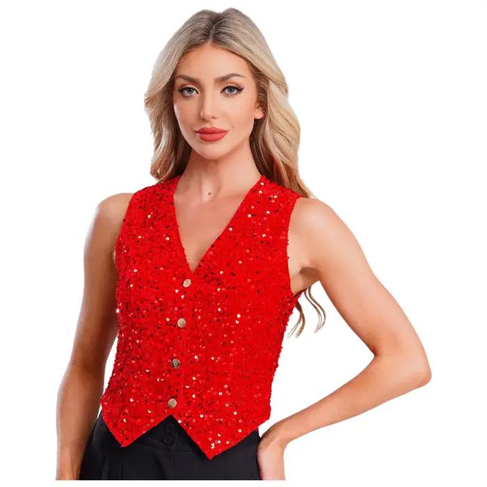 Gilets à paillettes pour femmes, col en v, à la mode, sans manches, hauts de fête, Clubwear, boîte d