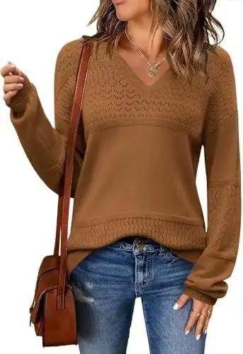 Pull ajouré à col en v pour femmes, nouveau Style, couleur contrastée, couleur unie