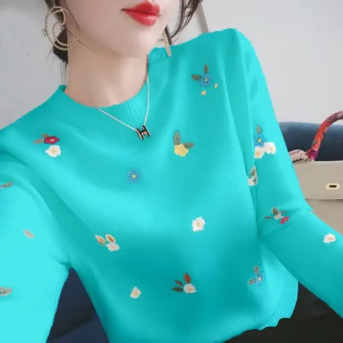 Pull brodé à petites marguerites, col rond, pour le printemps, à porter en dessous, pour femme