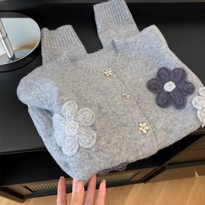 Veste pull brodée de fleurs, Cardigan tricoté ample et polyvalent, nouvelle collection printemps et 