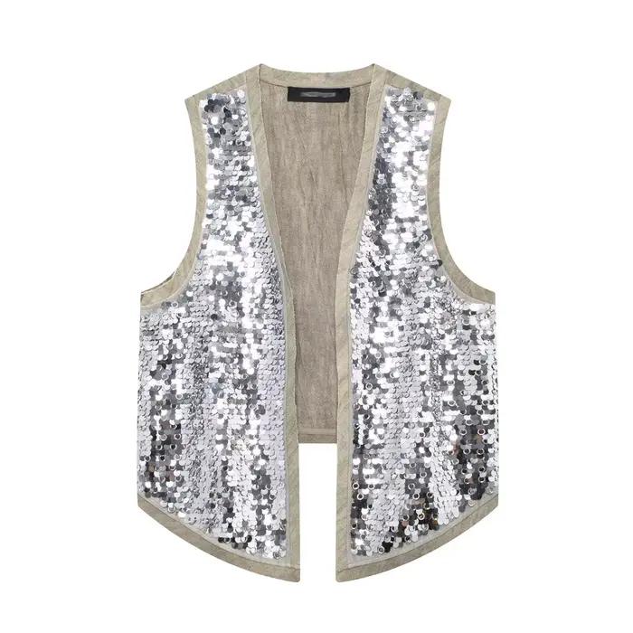 MUJER 2025 paillettes gilets ouverts pour femmes paillettes gilet sans manches femme été gilet gilet