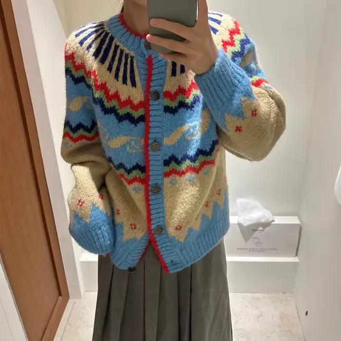 Fair Island – veste pull en Jacquard contrasté pour femme, Cardigan tricoté épais et chaud, rétro, n