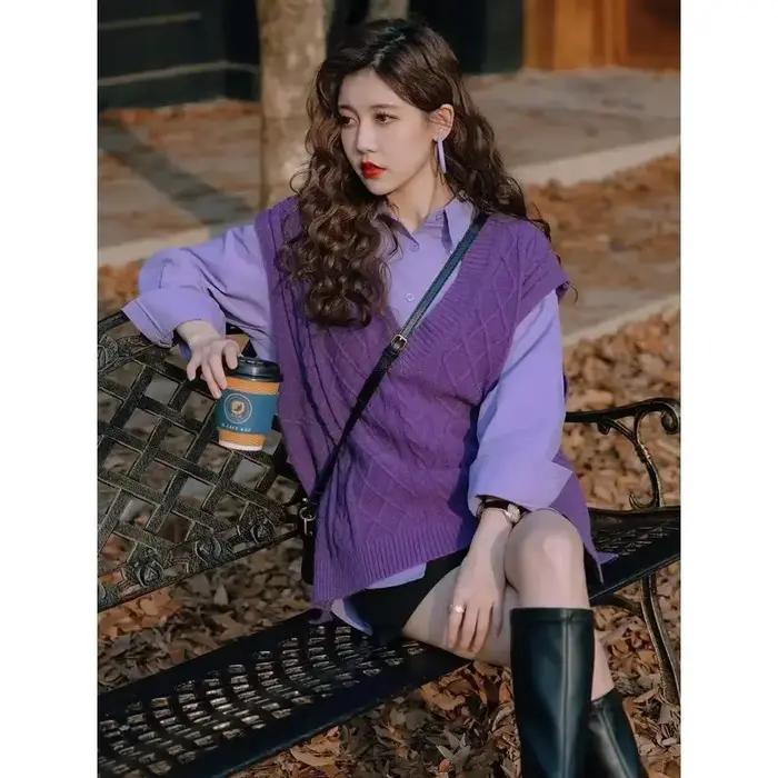 Gilet violet col en v dame chandails pull ample tricot gilets pour femmes sans manches Style coréen 