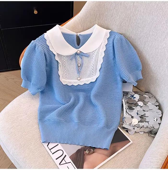 Été français à manches courtes pull femmes tricot doux arc col claudine pull tricots hauts t-shirts 