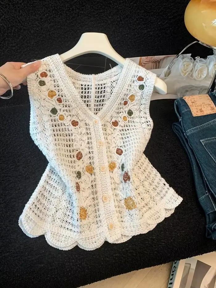 Gilet en dentelle crochetée brodée sans manches, col en V, boutonné, tricot ouvert, veste sans manch