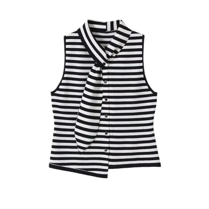 DUOPERI Gilet en tricot rayé noir et blanc pour femme, col noué, sans manches, chic, décontracté, te