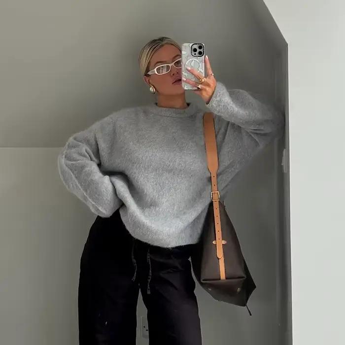 Femmes Beige noir rayé fourrure Mohair tricoté pull col rond manches longues manteau 2025 automne ch
