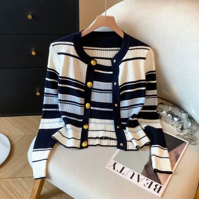 Pull rayé de couleur contrastée pour femmes, début d'automne, nouveau Cardigan personnalisé polyvale