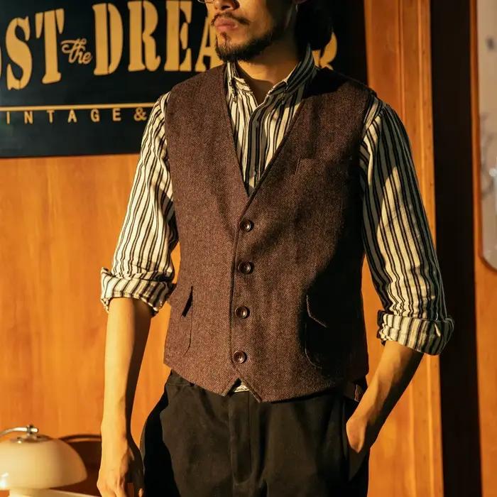Automne et hiver chevrons Tweed britannique rétro gilet européen et américain rétro kaki laine costu
