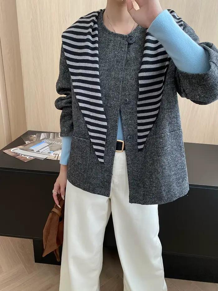 Manteau en laine grossière pour femmes, petit châle rayé, col rond, ample, décontracté, style parfum