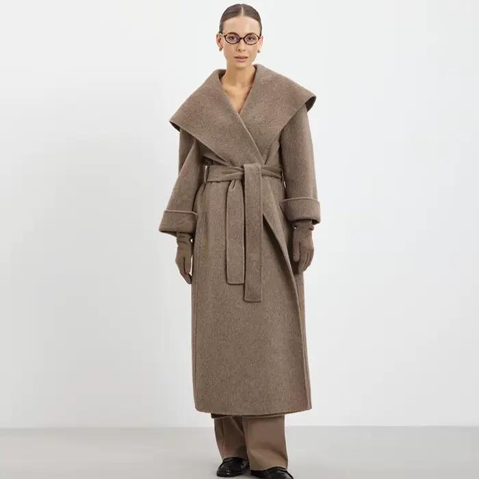 Élégant grand col Long manteau femmes rétro Chic lâche châle Tweed manteaux avec ceinture femme 2025