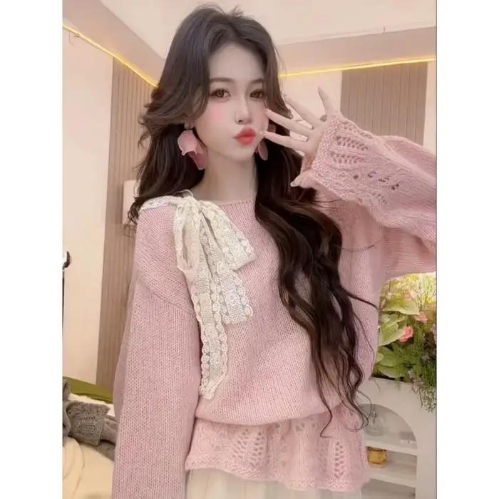 Pull à nœud papillon ajouré pour femmes, Style doux, nouveau printemps automne, haut tricoté ample