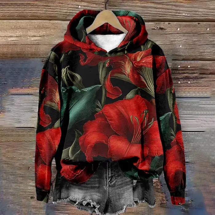 Sweat-shirt à capuche bohème à fleurs colorées, pull rétro imprimé, coupe ample, sweat à capuche de 