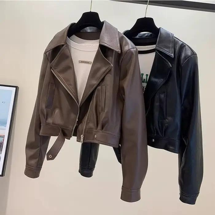 Veste en cuir marron pour femme, coupe ample et courte, nouvelle collection printemps-automne 2025, 