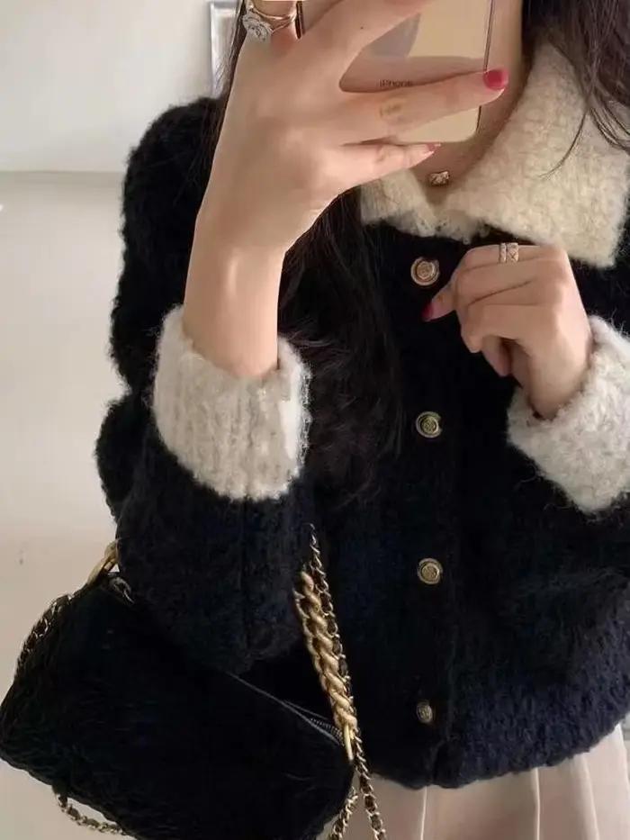 Cardigan noir élégant pour femmes, style français, col rabattu, pull vintage, vêtements d'extérieur 