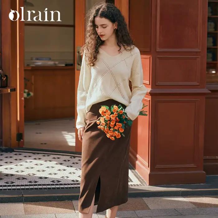 OLrain Pulls Solides Argyle Automne 2026 Coupe Ample Décontractée Col V Creux en Mohair Doux Tricot 