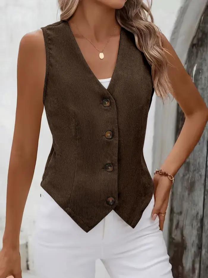 Gilet Vintage en velours côtelé pour femmes, gilet ajusté boutonné à col en v, débardeur marron déco