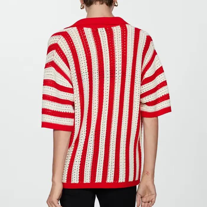 Cardigan à revers rayé vert pour femmes, nouveau bouton tricoté contrasté, manches courtes, vêtement