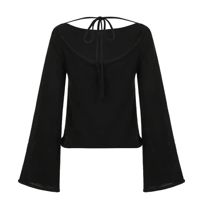 Tempérament dos nu attaché pull tricot pull femmes manches évasées haut extérieur ample