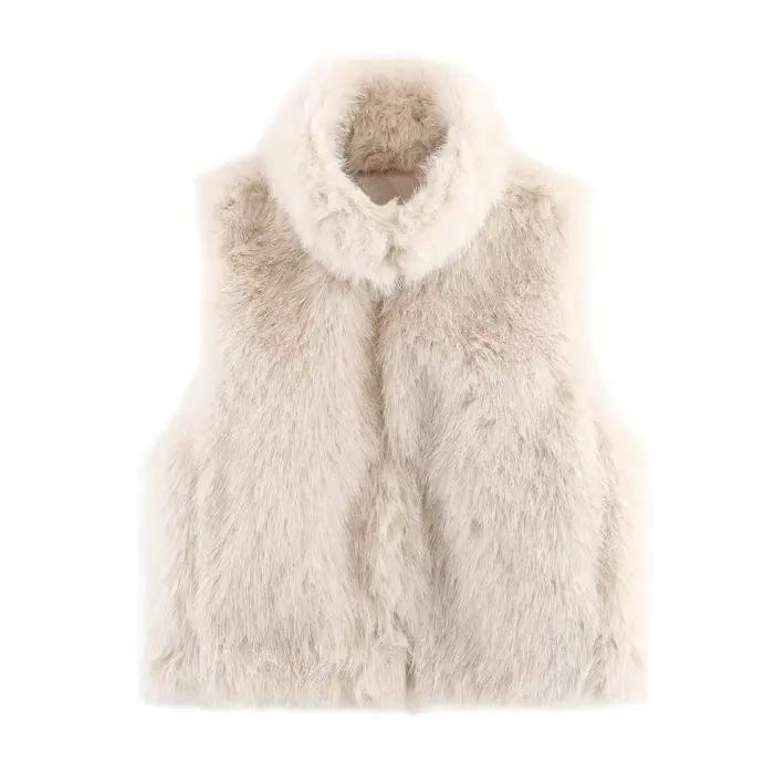 Nouveau Gilet Sans Manches en Fausse Fourrure à Col Montant pour Femme 2025 – Beige Clair, Deux Coul