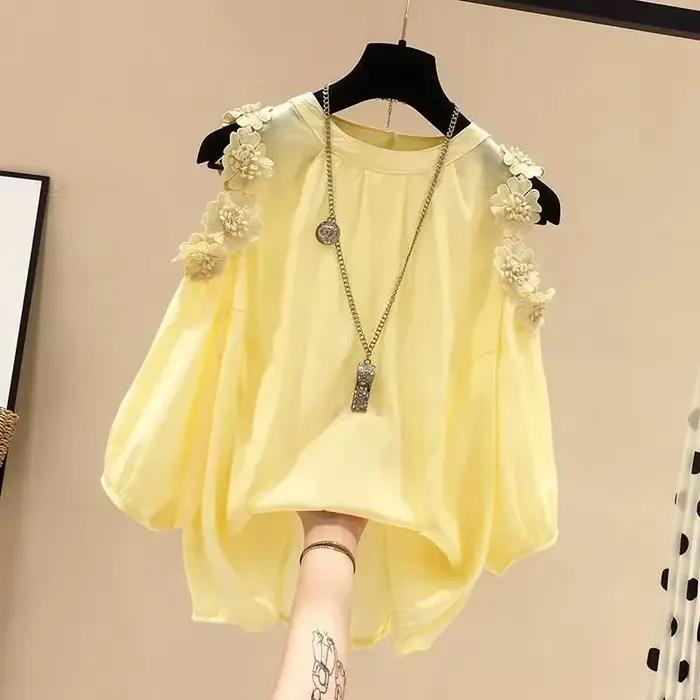 Pull à col rond à manches Leurs lan pour femmes, chemise chemisier, décoration tridimensionnelle, fl