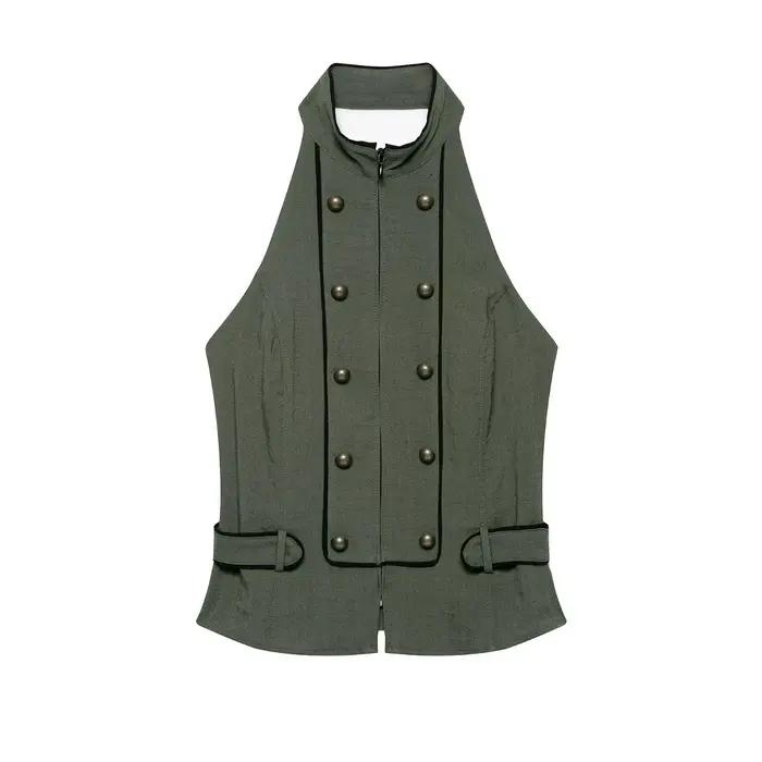 Gilet militaire style halter pour femme, printemps-automne, double boutonnage, dos ouvert, sans manc