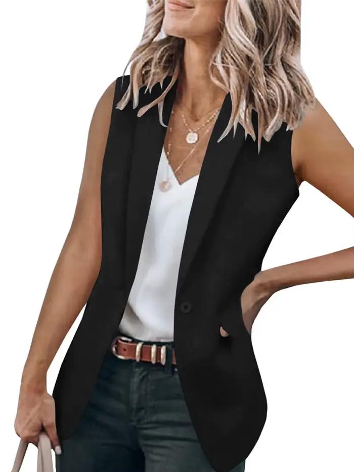 Gilet Blazer sans manches pour femmes, gilet d'été décontracté à revers cranté ouvert sur le devant,