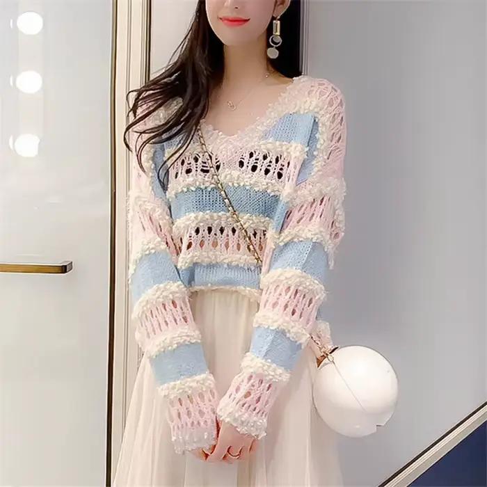 Pull rayé à manches longues pour femmes, haut en tricot évidé, pulls côtelés, chemise pour dames, mo