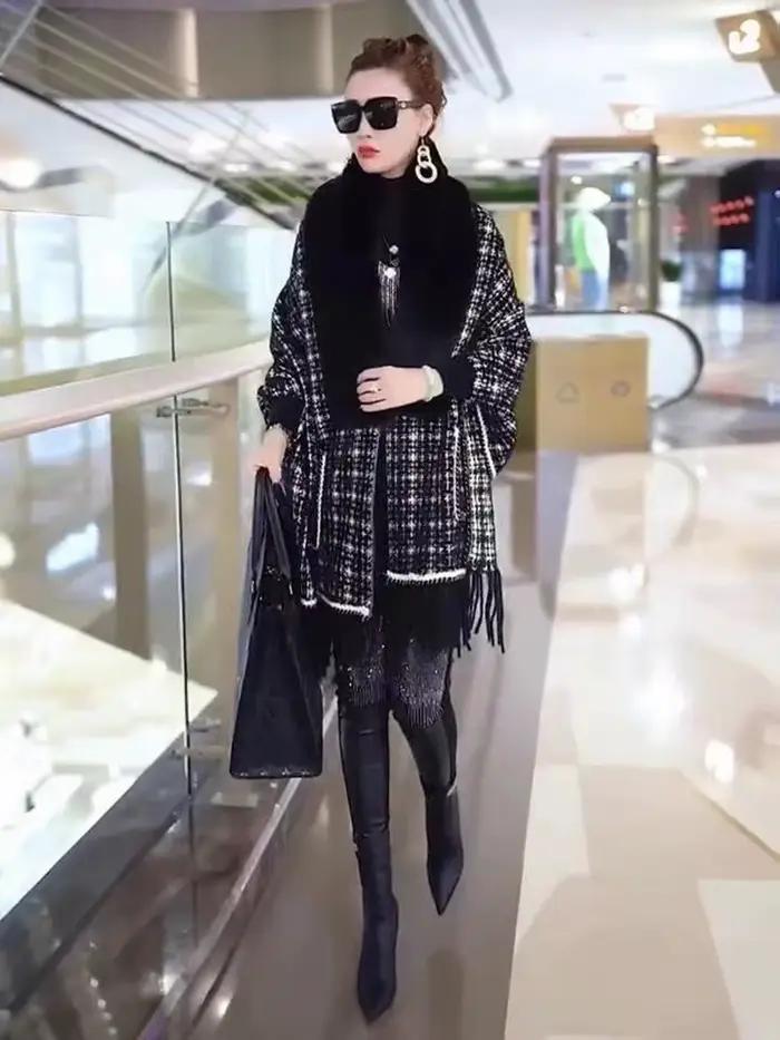 Manteau cardigan en fausse fourrure de vison avec poche pour femme, manches chauve-souris, rayé Ever