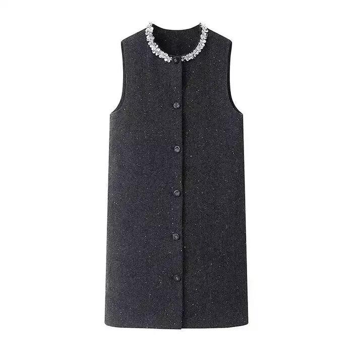 Gilet long en tweed pour femme, sans manches, avec col en cristal perlé, boutons sur le devant, robe