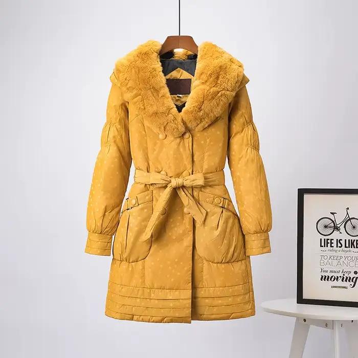 Col de fourrure amovible doudoune moyenne et longue mode femme ceinture mince manteau d'hiver en duv
