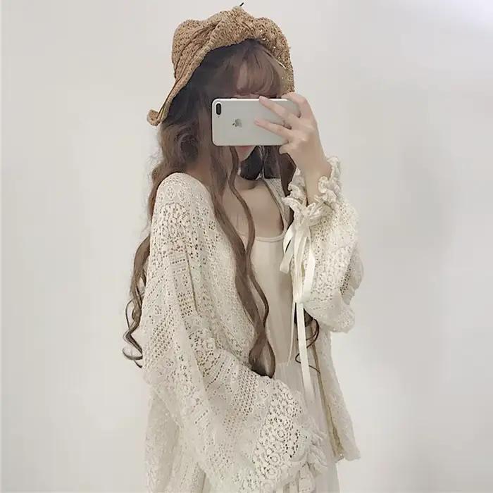Cardigan en Dentelle Ajourée à Manches sulfLanterne pour Femme, Vêtement d'Extérieur Décontracté, Ré