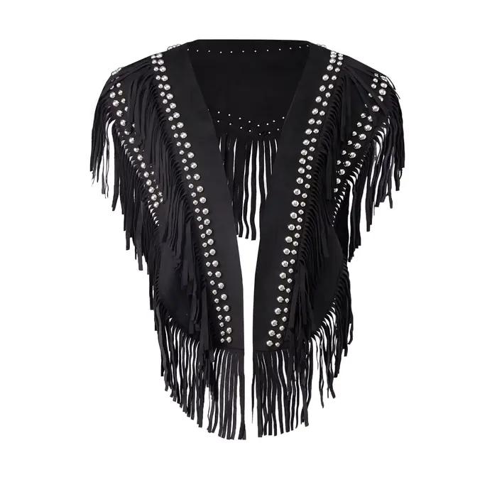 Gilet à franges pour femme, style Y2K vintage, sans manches, en faux daim, col châle, ouvert sur le 