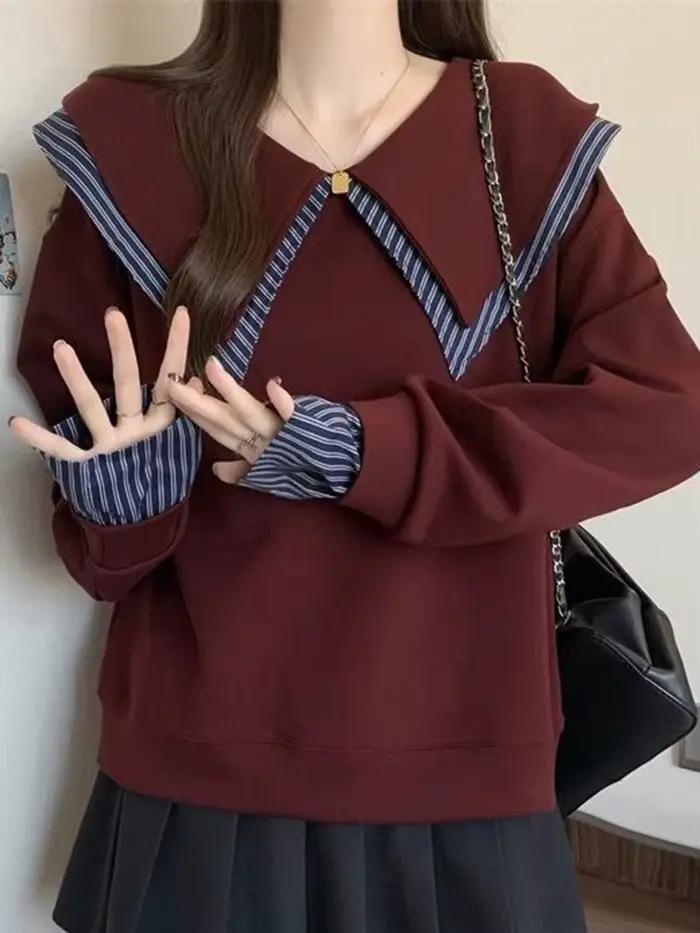 Sweat-shirt à col marin japonais pour femme, Kawaii, Vintage, Style Preppy, Patchwork, pull, printem
