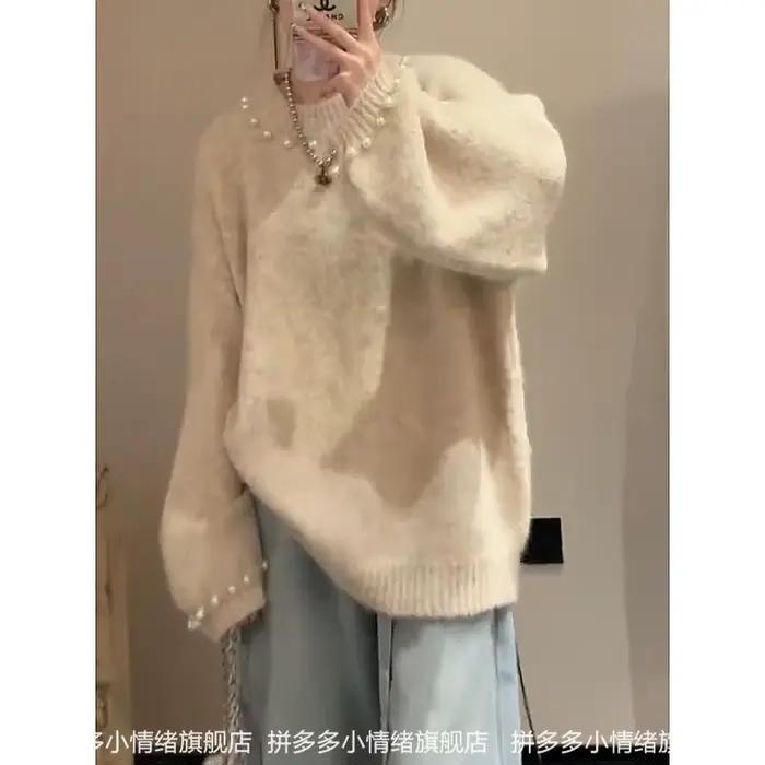 Pull à col rond et perles Beige français pour femme, pull Mohair, printemps et automne, 2025