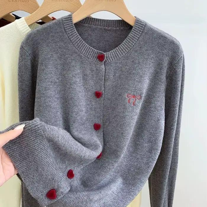 Cardigan en tricot pour femme 2025, broderie nœud, col rond, boutonnage simple, boutons en forme de 