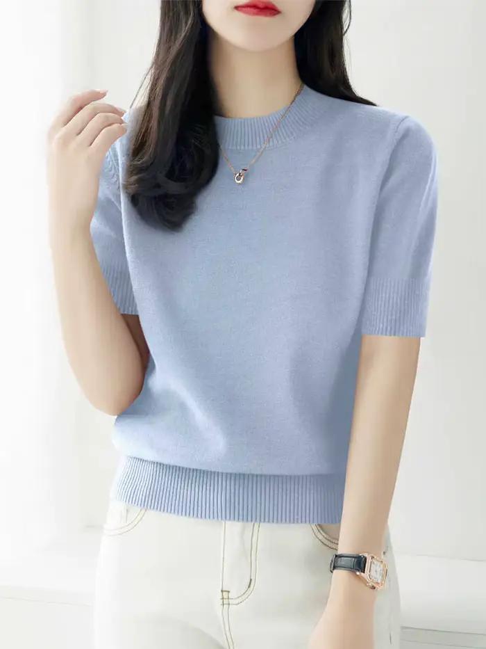 Pulls en tricot, nouveau pull en tricot noir à col rond pour femmes, pulls à manches courtes, pull e