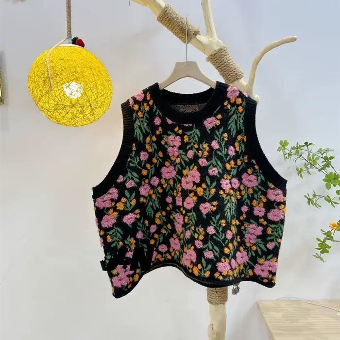Pull en tricot avec broderie florale pour femme, pull en fibre, gilet vintage, gilets précieux, conc