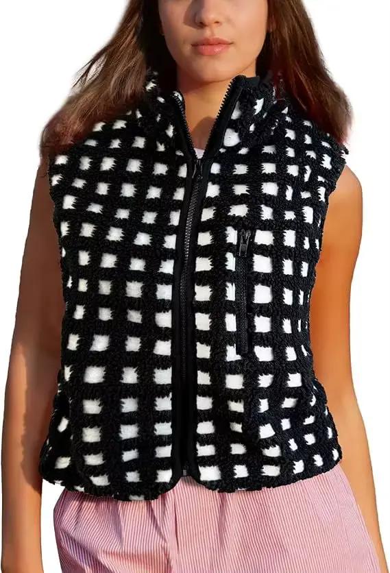 Gilet en polaire gaufré pour femme, sans manches, col haut, fermeture éclair, automne/hiver 2025