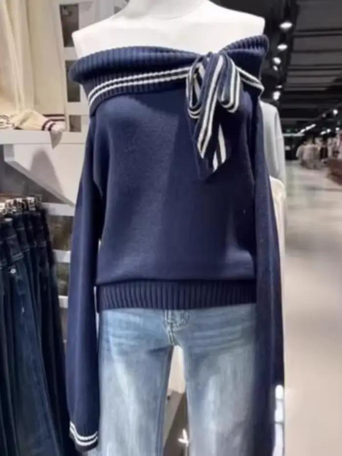 Pull à nœud papillon épaules dénudées pour femme, chic, vintage, style américain, ample, à nouer, tr