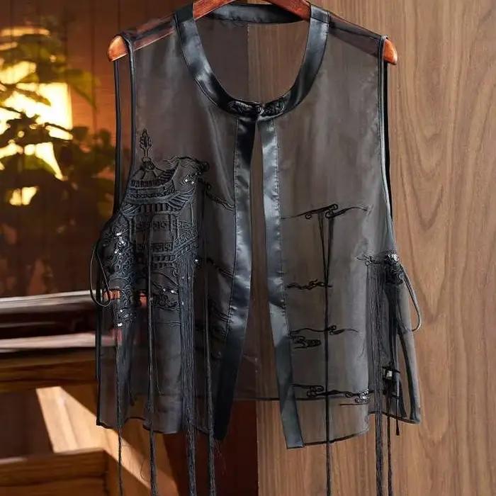 Gilets Vintage pour femmes, Style chinois transparent, noir, vêtements d'été assortis pour maman, De