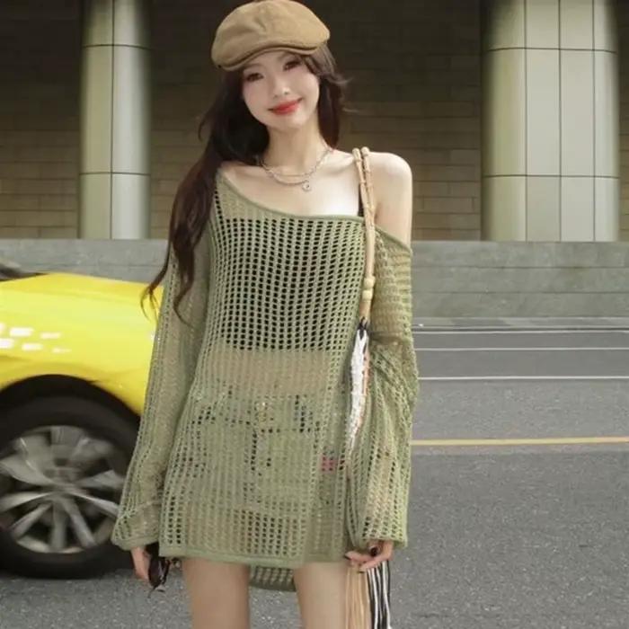 Pulls tricotés à épaules dénudées pour femme, style streetwear Y2K, pulls fins ajourés, vêtements dé