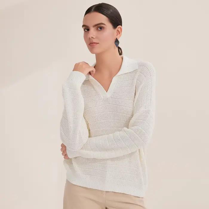 BY4521234 pull en tricot col en v pour femme pull à manches longues col en v automne, 100% coton