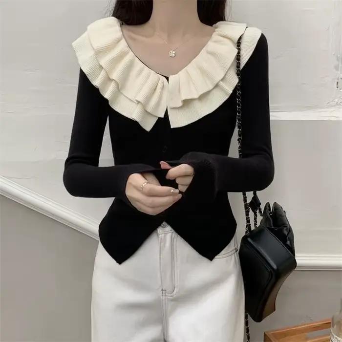 Cardigan en tricot français pour femmes, garniture élégante à volants, coupe cintrée, hauts d'automn