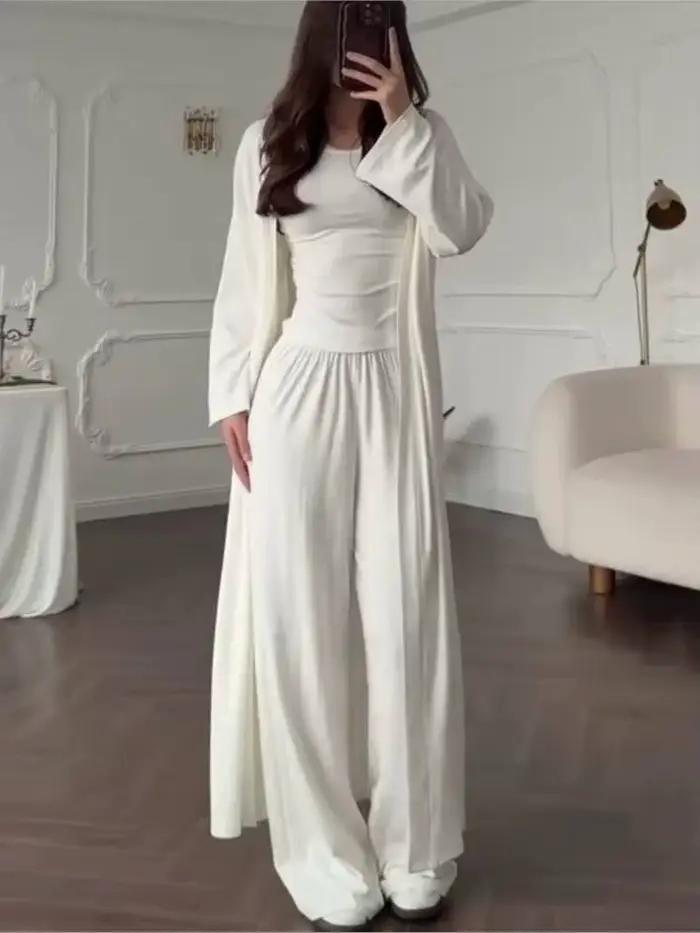 Ensemble 3 pièces élégant pour femme : gilet, pantalon large et veste longue – Collection Printemps 