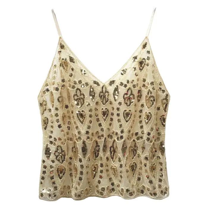 Gilets à paillettes et perles pour femmes, tendance, motif floral, sans manches, dos ouvert, col en 