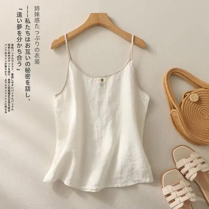 Gilet Rétro Brodé en Coton et Lin Sans Manches pour Femme – Nouveau Style d'Été Ample et Amincissant