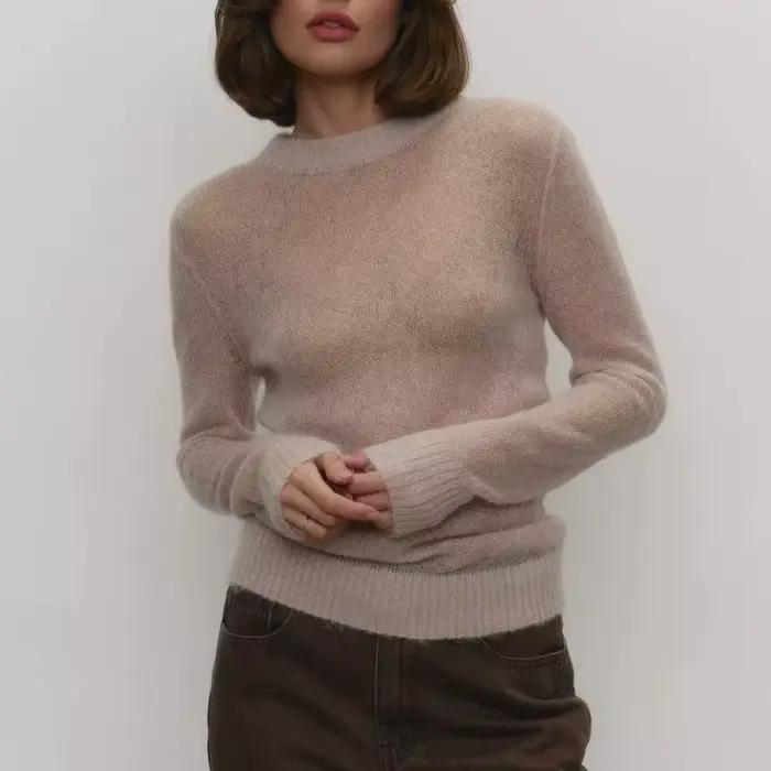 Pull à manches longues et col rond pour femme, ample, tendance, en tricot, haut solide, décontracté,