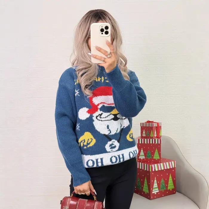Pull tricoté père noël pour femmes, col rond, décontracté, ample, manches longues, bloc de couleurs,