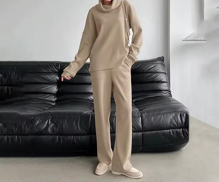 Ensemble de chandail en tricot à col haut kaki pour femmes, automne et hiver, simple et décontracté,